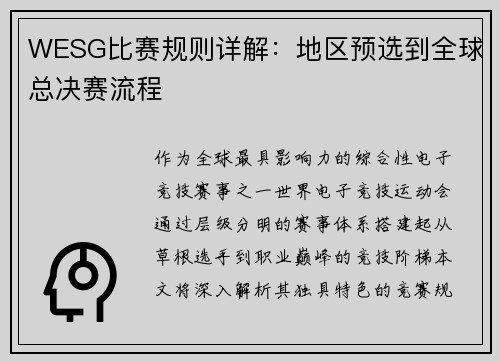 WESG比赛规则详解：地区预选到全球总决赛流程