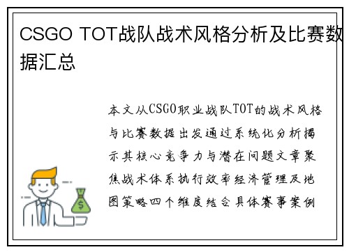 CSGO TOT战队战术风格分析及比赛数据汇总