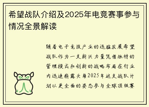 希望战队介绍及2025年电竞赛事参与情况全景解读