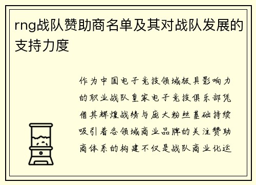 rng战队赞助商名单及其对战队发展的支持力度